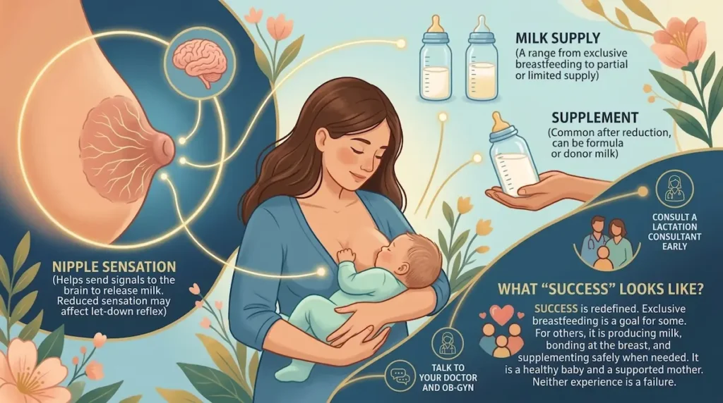 Illustration of a mother nursing with breast nerve and milk supply visuals for breastfeeding after breast reduction success.
