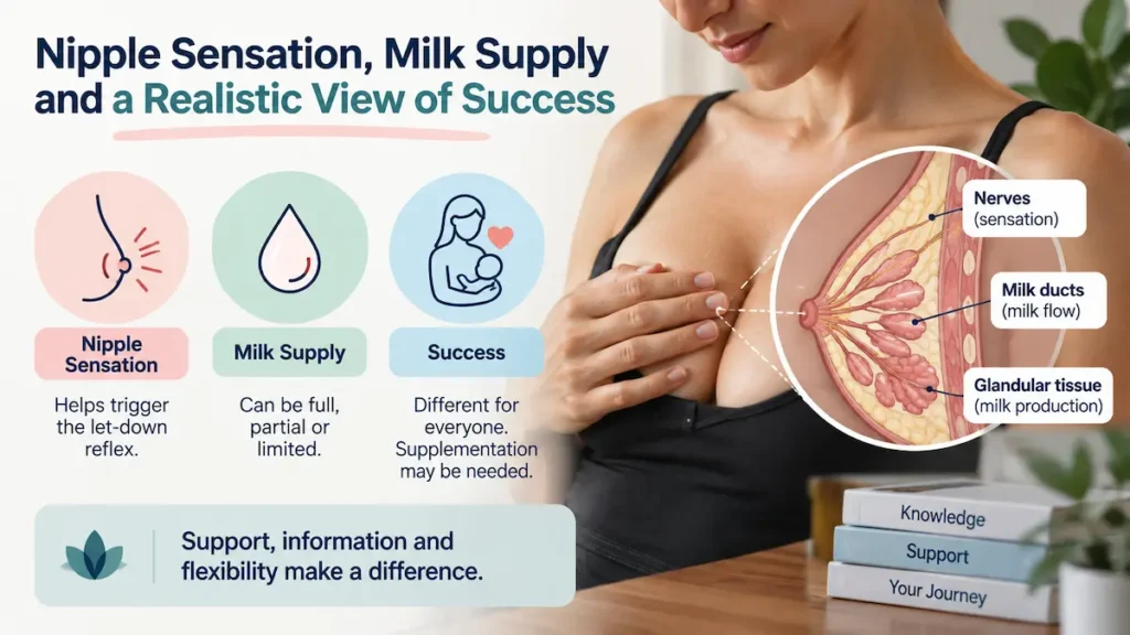 Infographic explaining nipple sensation, milk ducts, and milk supply for breastfeeding after breast reduction.