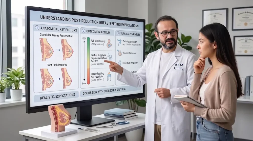 Doctor explaining breastfeeding after breast reduction expectations to a patient using an anatomy chart.