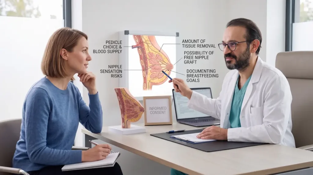 Surgeon explaining pedicle choice, tissue removal and breastfeeding after breast reduction planning.