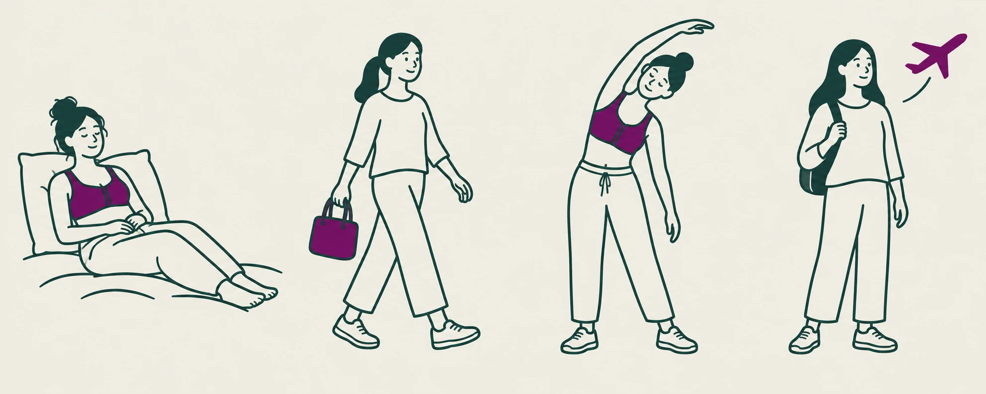 Four illustrated stages of Preservé recovery: resting in the first 72 hours, walking in week one, light stretching at weeks three to six, and flying home