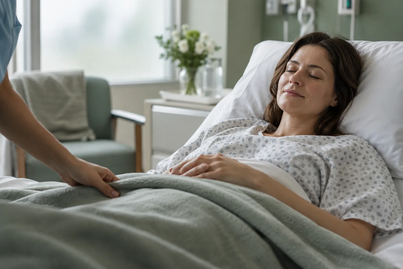 Patient resting calmly in a pre-operative room before breast augmentation under light sedation
