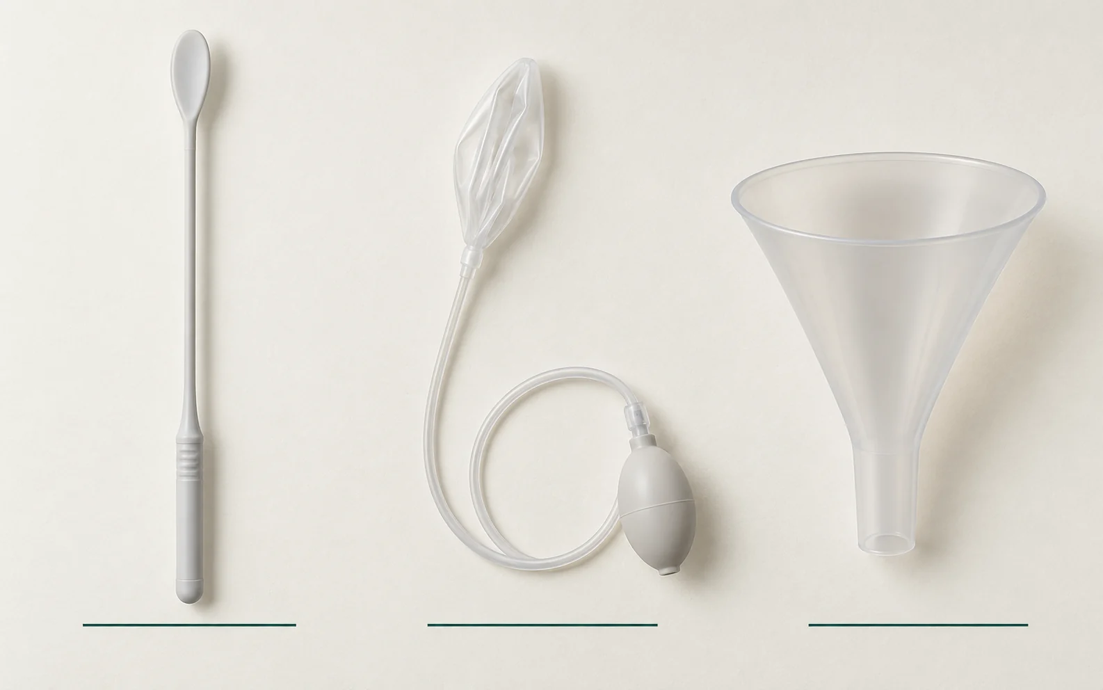 Illustration of the three single-use Preservé instruments: channel separator, inflatable balloon with hand pump, and insertion sleeve