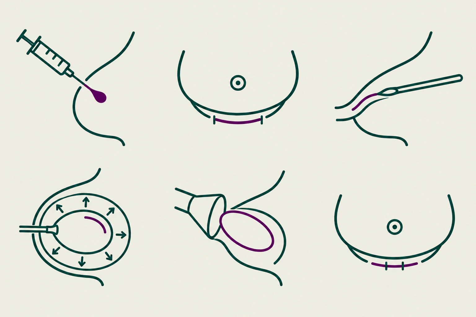 Six icons showing the steps of Preservé breast augmentation: infiltration, incision in the fold, tunneling, controlled tissue elongation, no-touch implant delivery and closure