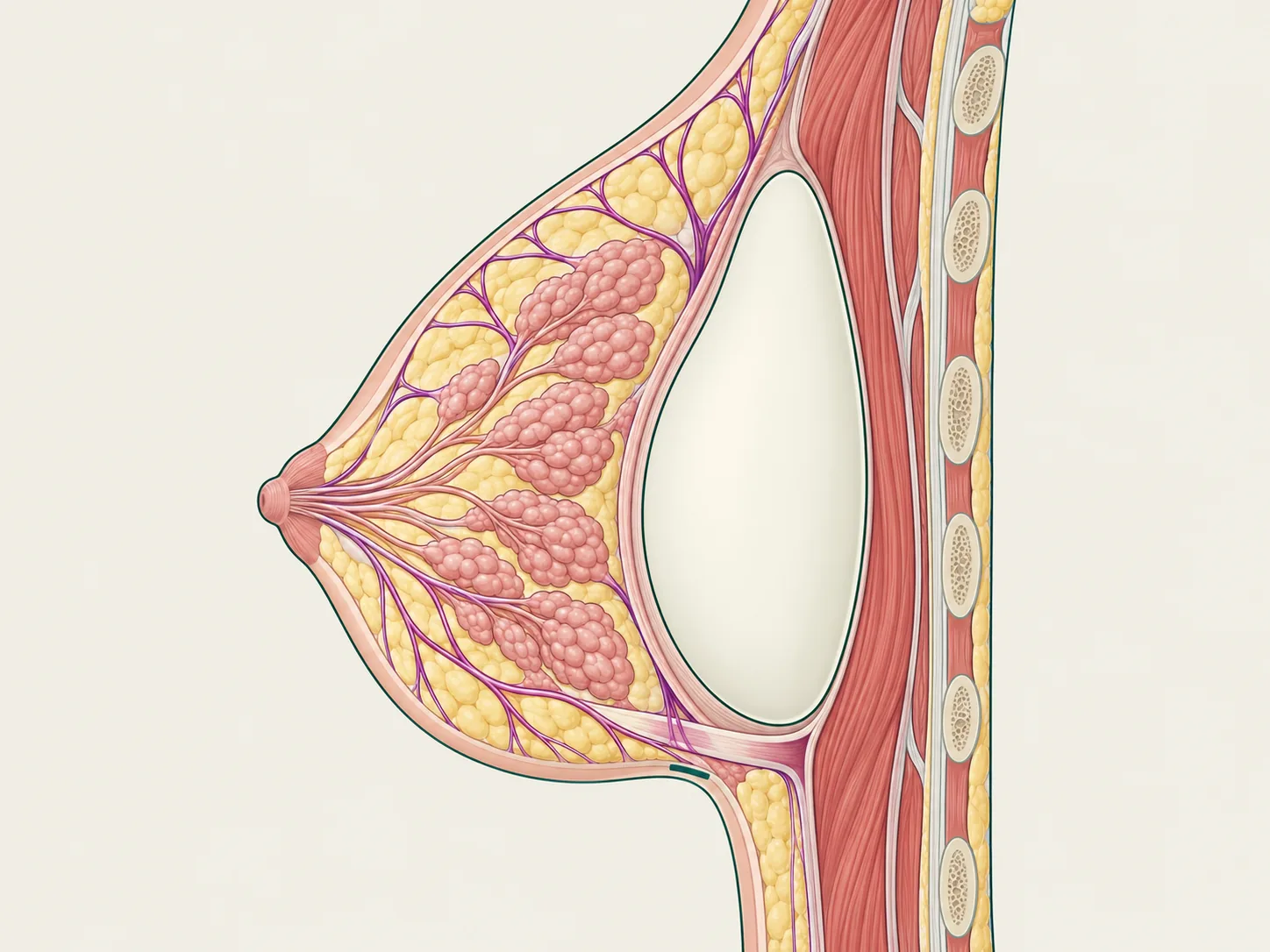 Cross-section illustration of a breast showing the Preservé implant above the pectoral muscle, between the breast gland and the deeper fascia