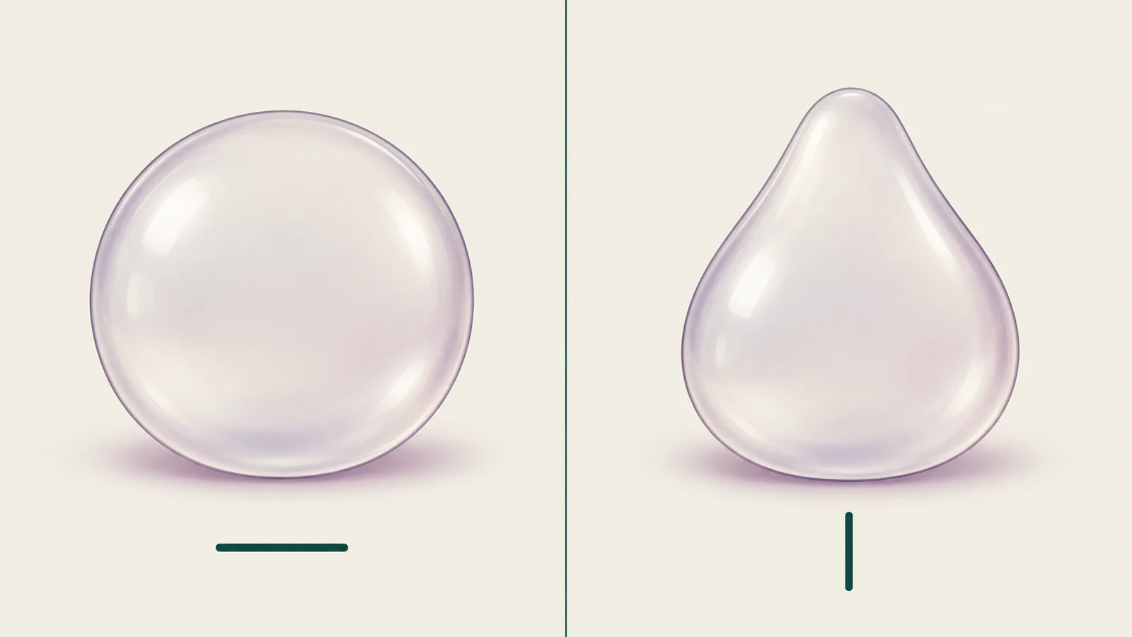 Two-panel illustration of an ergonomic breast implant: round when lying down and teardrop-shaped when standing