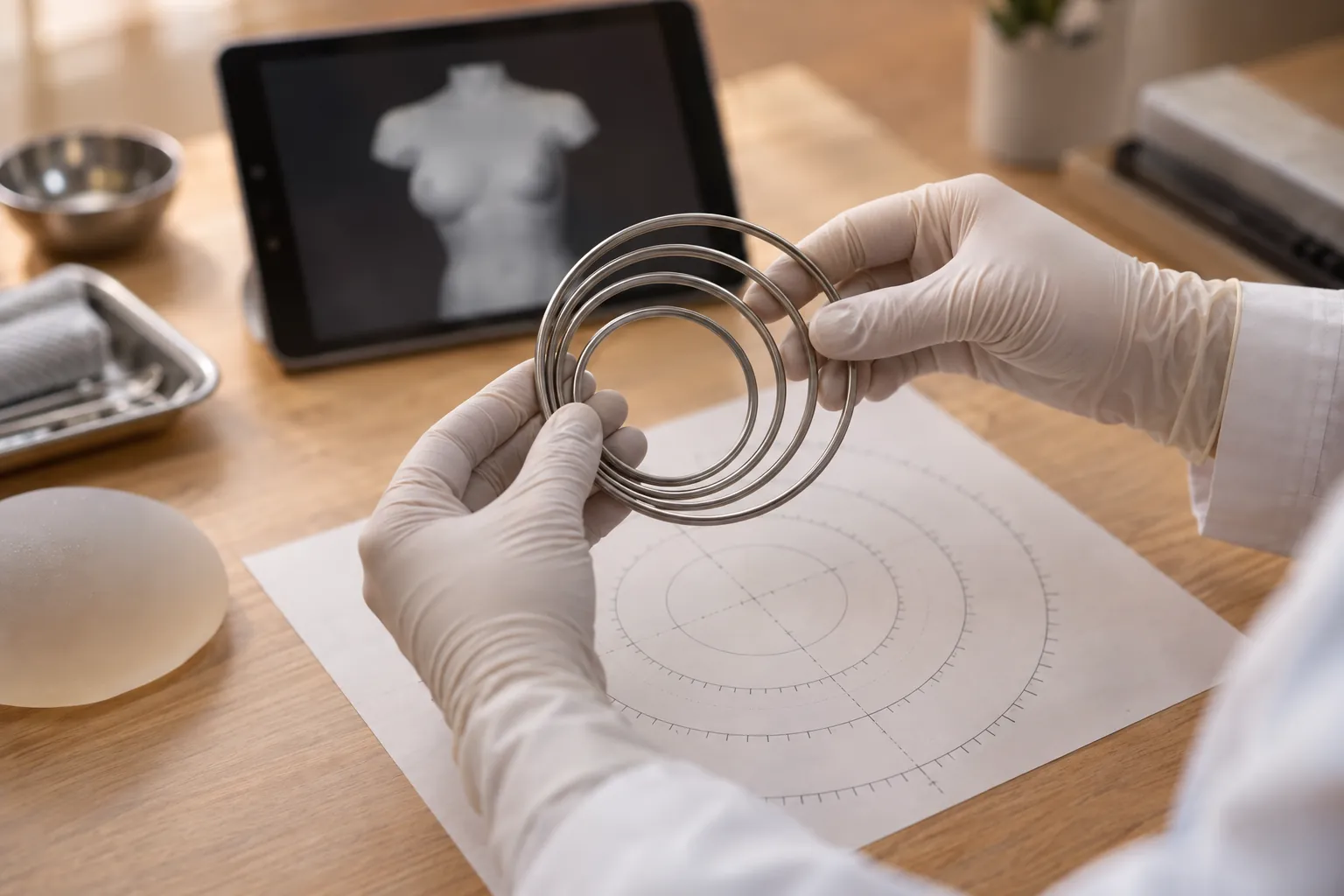 Gloved hands holding nested implant sizing rings over a measuring guide during a Preservé breast augmentation consultation