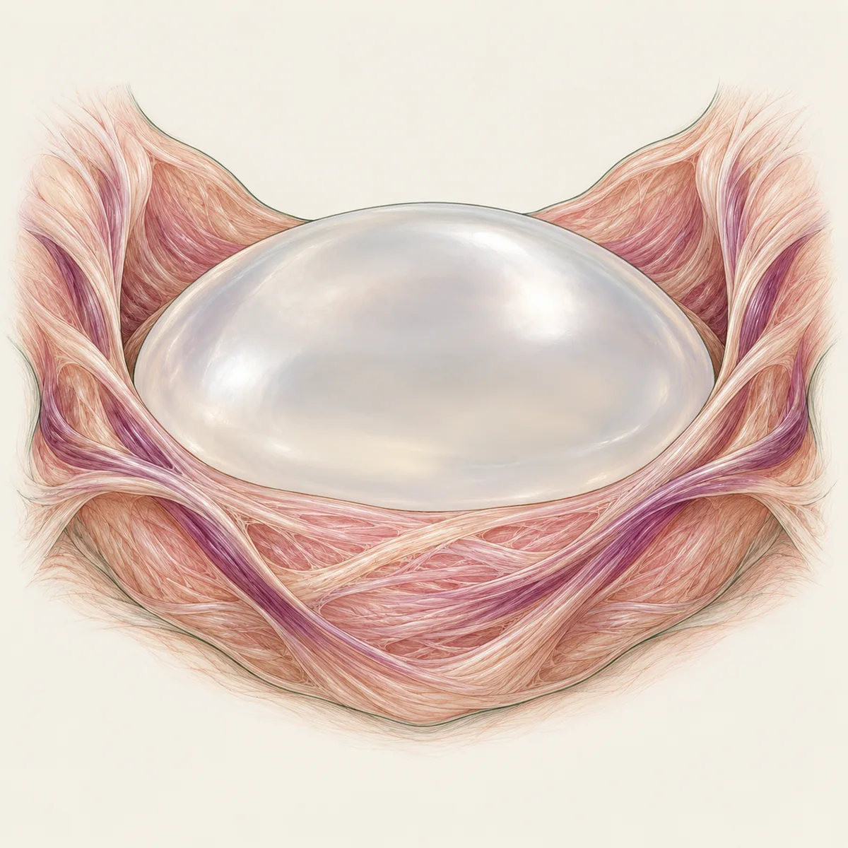 Illustration of the nesting effect: stretched, unbroken breast tissue fibers wrapping around the rounded edges of a breast implant