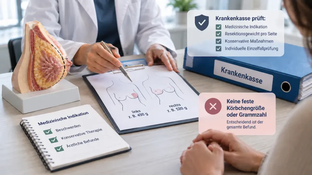 Voraussetzungen für die Brustverkleinerung: Ärztliche Beratung zu Resektionsgewicht pro Seite, medizinischer Indikation und Krankenkasse.