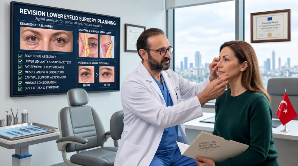 Surgeon assessing a patient for revision blepharoplasty after botched lower eyelid surgery in a clinical setting.