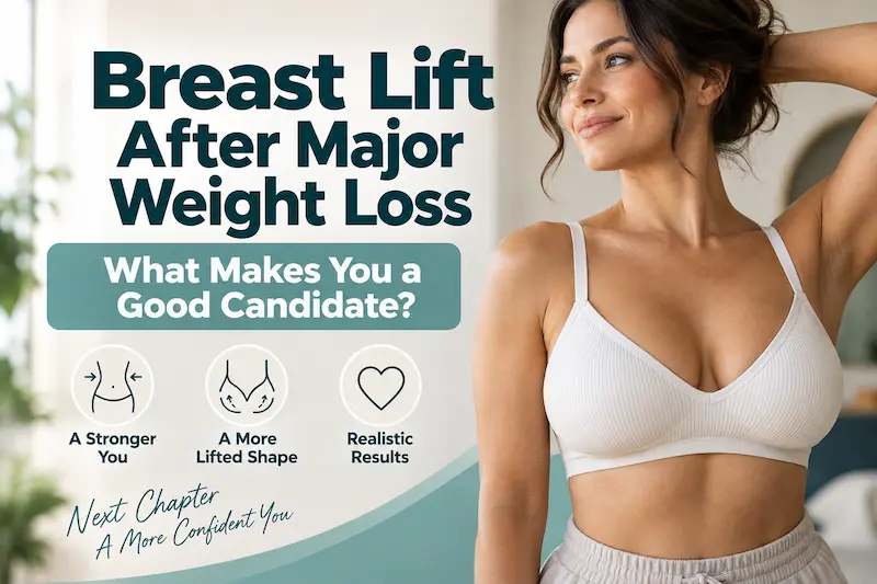 Confident woman beside breast lift after weight loss candidate guidance after major weight loss.