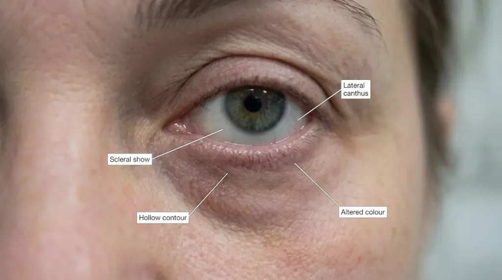 Annotated close-up of an eye showing scleral show, hollow contour, lateral canthus and altered colour after botched lower eyelid surgery.