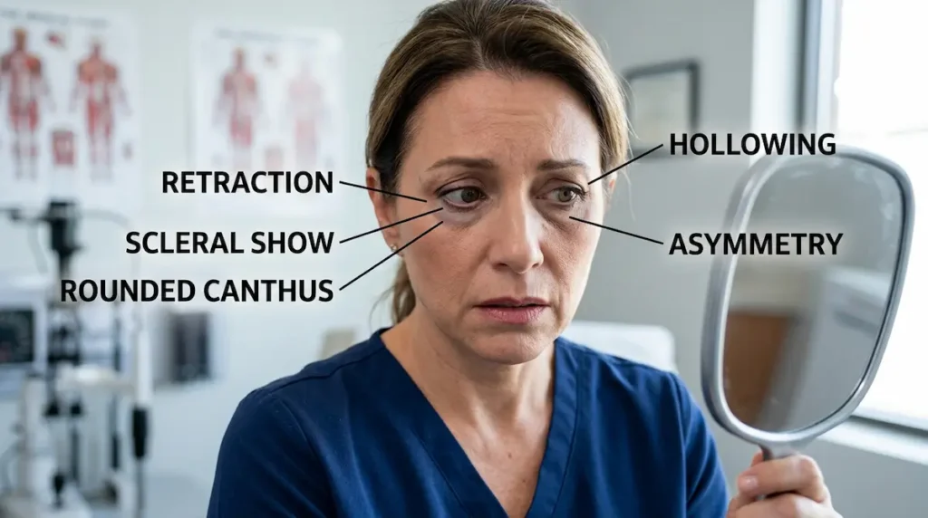Botched lower eyelid surgery signs including retraction, scleral show, hollowing, asymmetry, and rounded canthus.