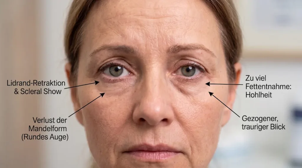 Unterlidstraffung-Komplikationen mit Lidrand-Retraktion, Scleral Show, rundem Auge, Hohlheit und gezogenem Blick nach misslungener Unterlidstraffung.
