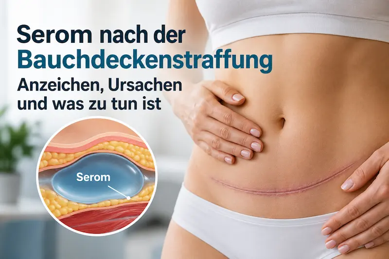 Medizinische Grafik zu Serom nach Bauchdeckenstraffung mit Bauchstraffungsnarbe, Flüssigkeitsansammlung und Serom Querschnitt.