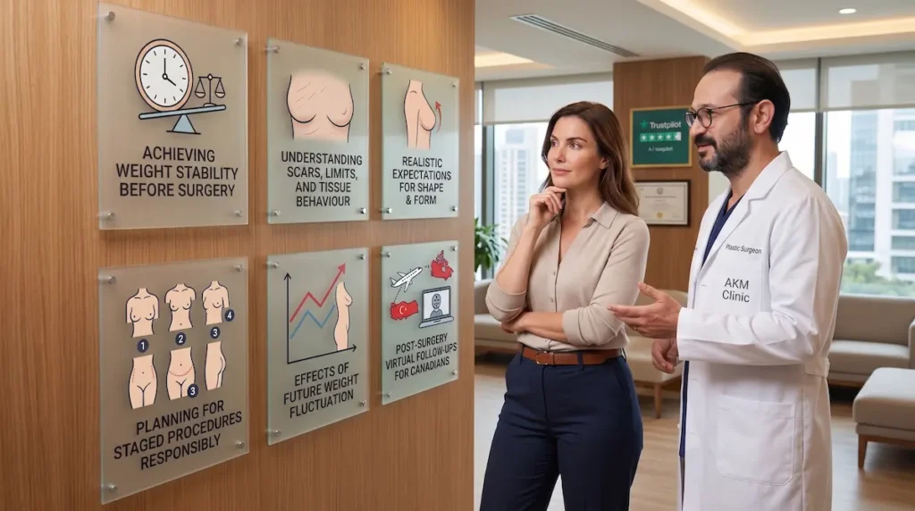 Surgeon consult for breast lift after weight loss timing, covering weight stability, scars, expectations, and follow-up care.
