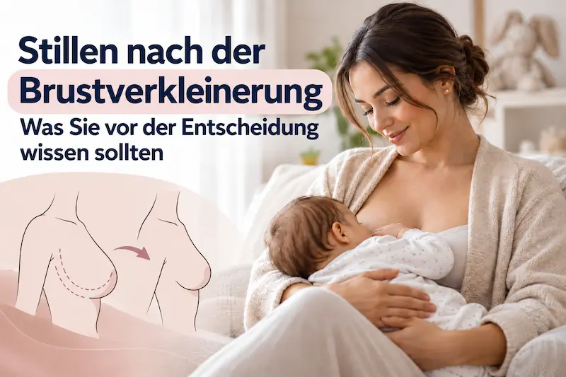 Stillen nach Brustverkleinerung: Mutter stillt ihr Baby neben einer Illustration zur Brustverkleinerung und OP-Entscheidung.