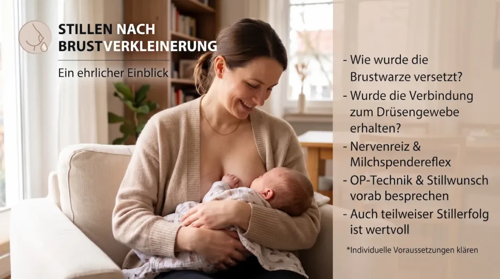 Stillen nach Brustverkleinerung: Mutter stillt ihr Baby, daneben stehen wichtige Fragen zu Brustwarze, Drüsengewebe und OP-Technik.