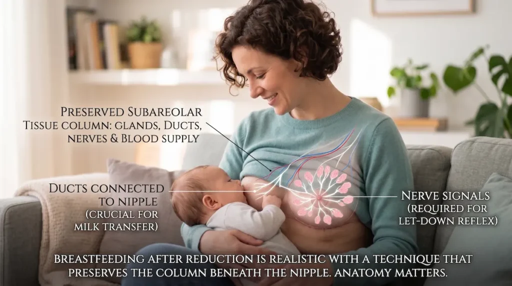 Annotated mother and baby image showing how breastfeeding after breast reduction depends on ducts, nerves, glands and blood supply.