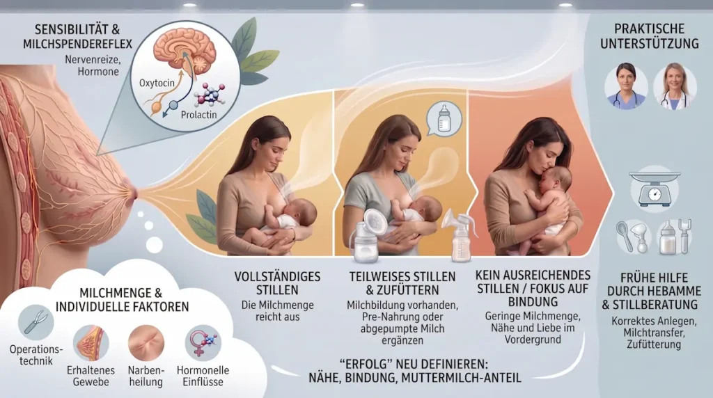 Stillen nach Brustverkleinerung: Infografik zu Sensibilität, Milchmenge, Zufüttern und Stillberatung.