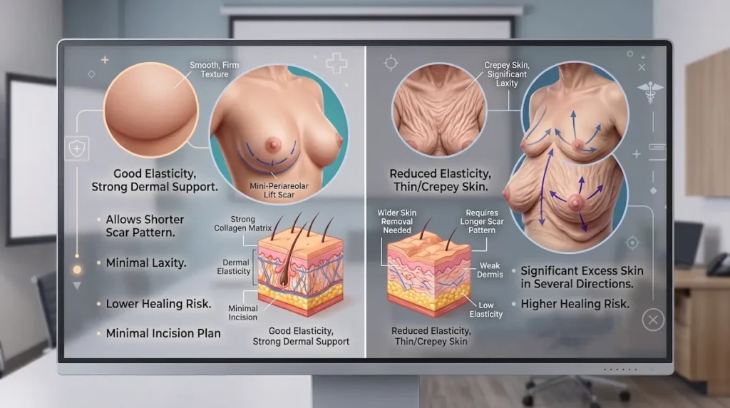 Breast lift after weight loss illustration comparing skin elasticity and scar planning after major weight loss.