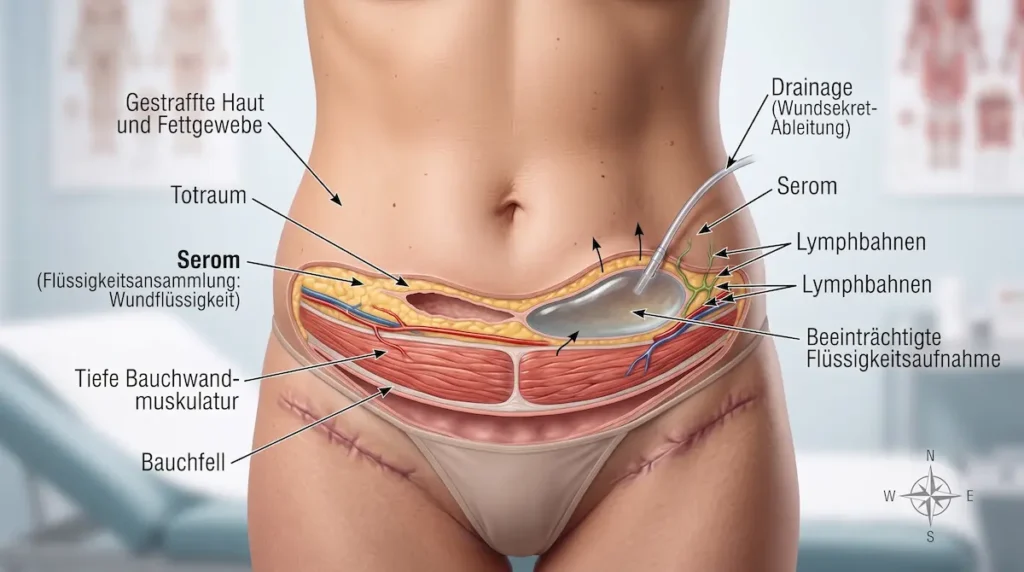 Anatomische Grafik zu Serom nach Bauchdeckenstraffung mit Totraum, Drainage, Wundflüssigkeit und Lymphbahnen im Bauchgewebe.