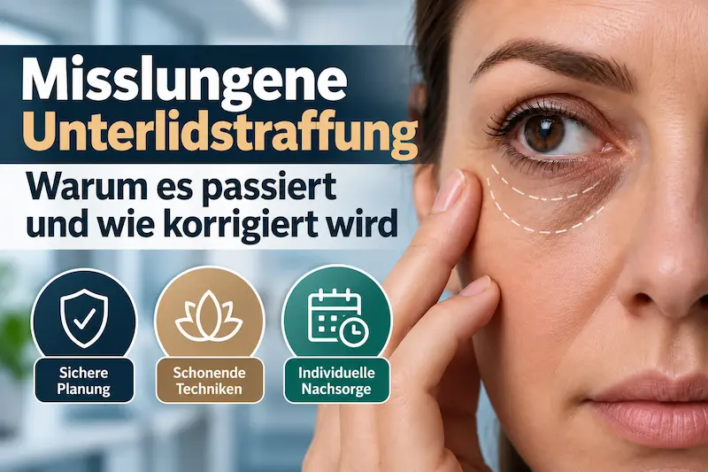 Coverbild zu Unterlidstraffung-Komplikationen mit markierter Unterlidregion, sicherer Planung, schonenden Techniken und individueller Nachsorge.