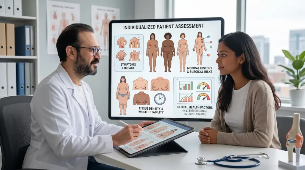 Doctor explaining breast reduction weight requirements during an individualized patient assessment with health and BMI factors.